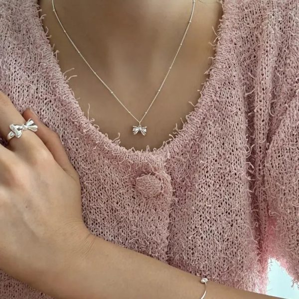 1-Piece-Simple-Style-Bow-Knot-Sterling-Silver-Plating-18k-Gold-Plated-Pendant-Necklace