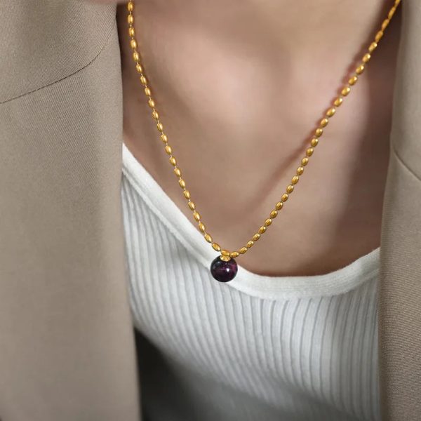 Wholesale-Jewelry-Elegant-Simple-Style-Round-Agate-Titanium-Steel-18K-Gold-Plated-Plating-Pendant-Necklace